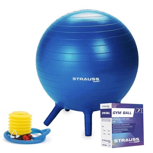 STRAUSS Anti-Burst Rubber Gym Ball Stability Legs with Free Foot Pump | Round Shape Swiss Ball for Exercise, Workout, Yoga, Pregnancy, Birthing, Balance & Stability, 55 cm, (Blue) - Image 1