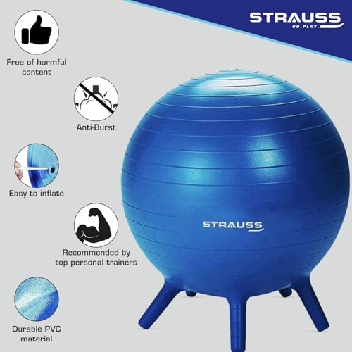STRAUSS Anti-Burst Rubber Gym Ball Stability Legs with Free Foot Pump | Round Shape Swiss Ball for Exercise, Workout, Yoga, Pregnancy, Birthing, Balance & Stability, 55 cm, (Blue) - Image 2