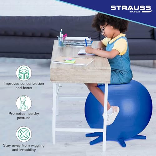 STRAUSS Anti-Burst Rubber Gym Ball Stability Legs with Free Foot Pump | Round Shape Swiss Ball for Exercise, Workout, Yoga, Pregnancy, Birthing, Balance & Stability, 55 cm, (Blue) - Image 4