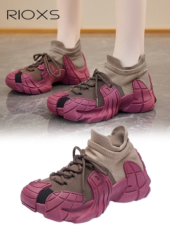 ريوكس أحذية رياضية سميكة، وأحذية رياضية مريحة، وأحذية رياضية خفيفة الوزن للسيدات، وأحذية خفيفة الوزن، وأحذية للمشي على الأقدام، وأحذية للنزلق، وأحذية للتدريب للتمارين النسائية/صالة الألعاب الرياضية/الأحذية الرياضية اليومية، وأحذية ذات قاع أرجواني سميك - Image 1