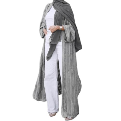 ODIZLI Eid Abayas Women Long Cardigan Robe Muslim Clothes Long Sleeve Stripe Open Front Kaftan Dress Loose Kimono Middle East Ethnic Shirts Dress Eid Ramadan Tight Knot Corban Silver Long Cardigan L - Image 1