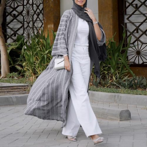 ODIZLI Eid Abayas Women Long Cardigan Robe Muslim Clothes Long Sleeve Stripe Open Front Kaftan Dress Loose Kimono Middle East Ethnic Shirts Dress Eid Ramadan Tight Knot Corban Silver Long Cardigan L - Image 3
