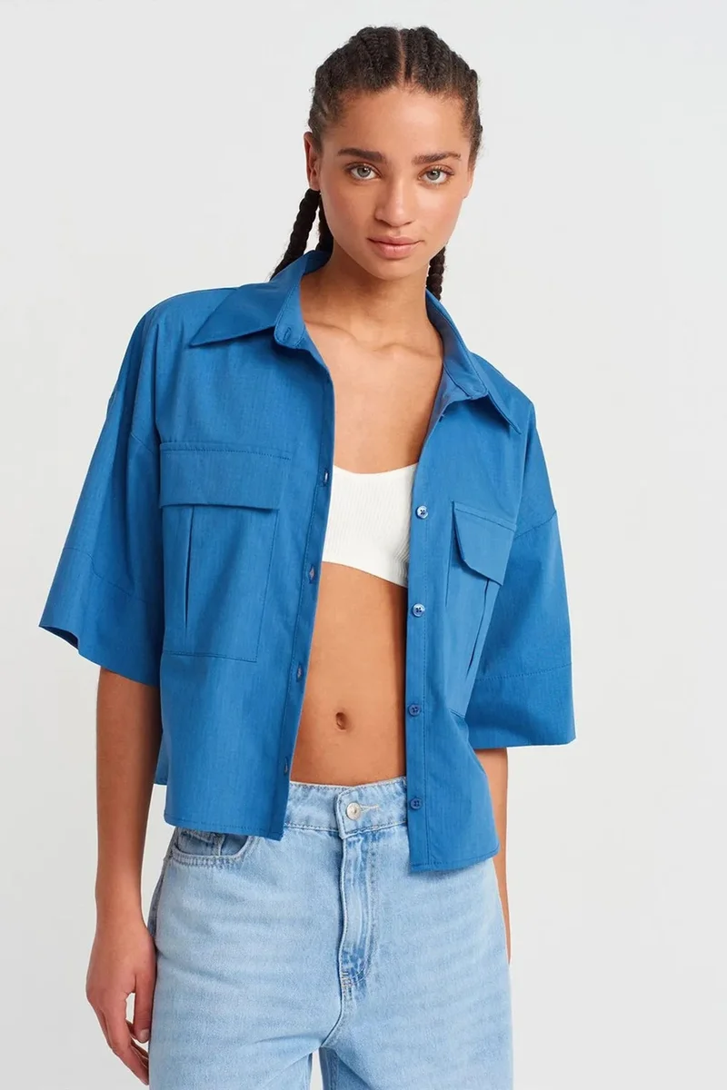 Dilvin Cerulean Blue DILVIN Oversized Crop Crepe Overshirt for Women | Best Price UAE