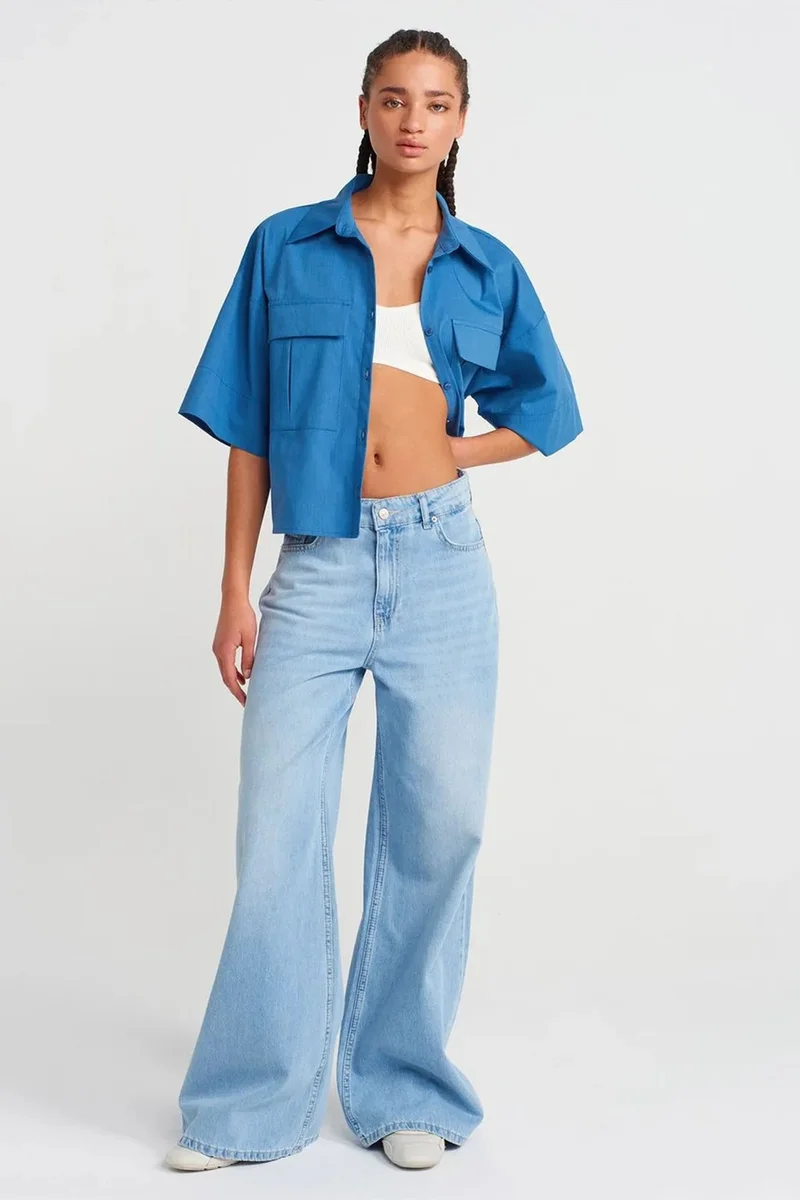 Dilvin Cerulean Blue DILVIN Oversized Crop Crepe Overshirt for Women | Best Price UAE