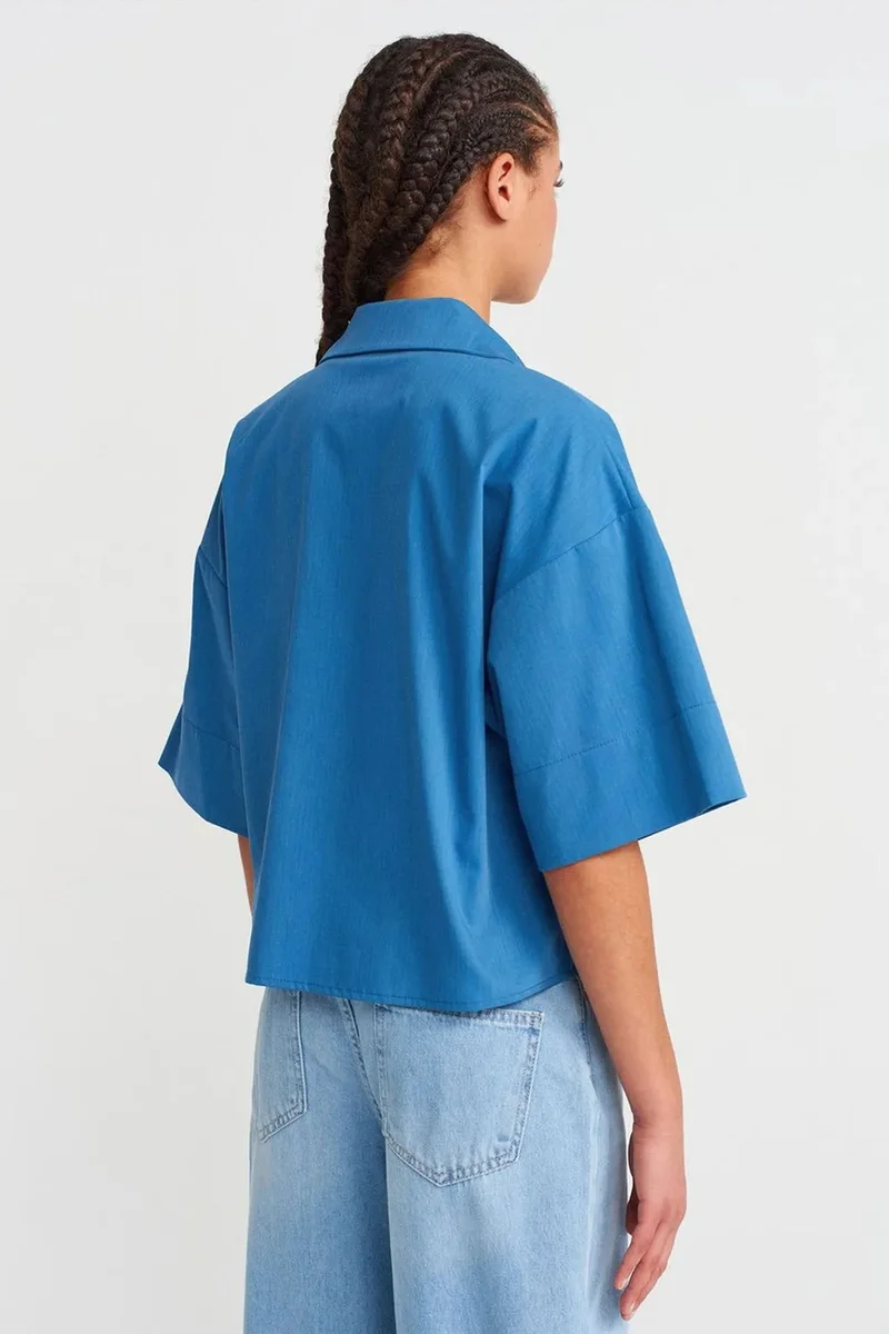 Dilvin Cerulean Blue DILVIN Oversized Crop Crepe Overshirt for Women | Best Price UAE