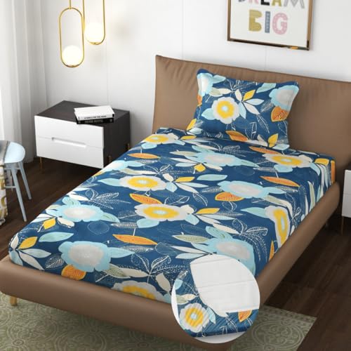 Furnofy 140 GSM Elastic Fitted Single Bedsheet (78 * 48 inches with 6" to 8" Pocket Size) with 1 Pillow Cover (18x 27 inches) - Floral Multicolors - Image 1