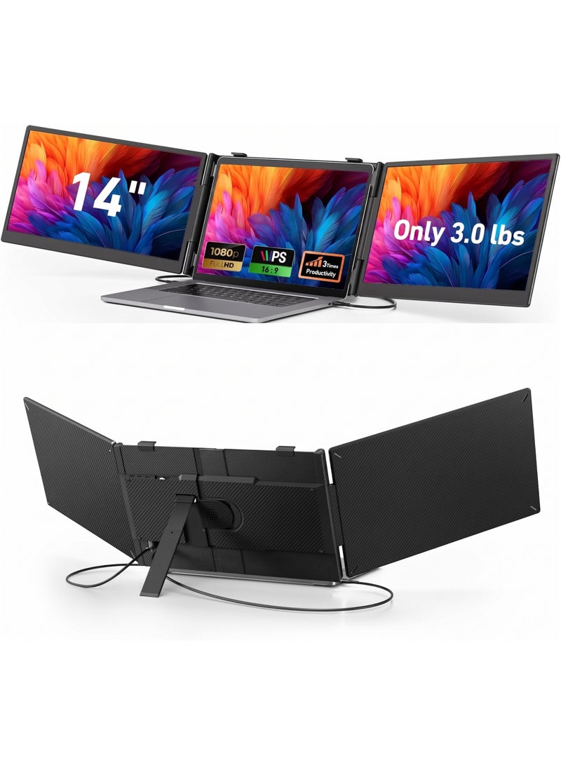 شاشة توسيع لابتوب ثلاثية 14 بوصة، شاشة محمولة FHD 1080P IPS، تصميم خفيف الوزن 1.36 كجم، Plug & Play عبر USB-C وHDMI، متوافقة مع أجهزة اللابتوب 13 إلى 17.3 بوصة وأنظمة Windows وMac وChromeOS - Image 1