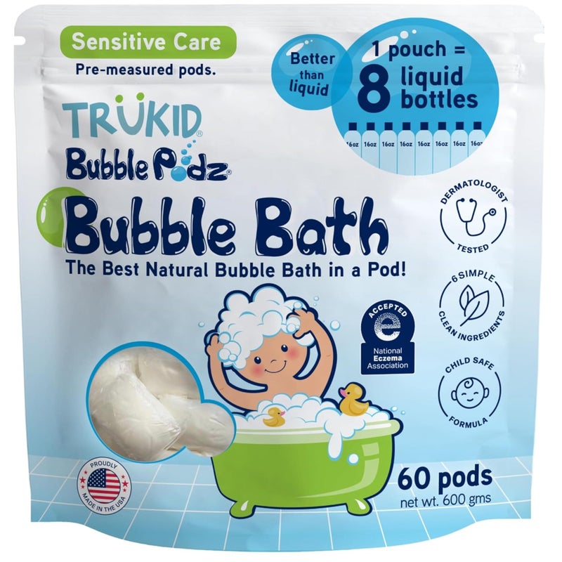 TruKid Bubble Podz Bubble Bath for Kids, Toddlers, & Babies, NEA-Accepted for Eczema, Gentle Refreshing Colloidal Oatmeal Bath Bomb for Sensitive Skin, pH Balanced, Tear Free, Unscented (60 Podz) - Image 1