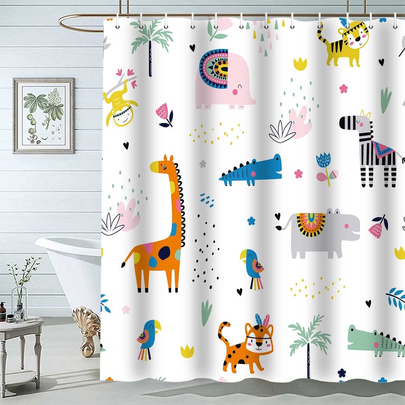 Cute Boho Tropical Animals Shower Curtain for Kids Bathroom Creative Nursery Giraffe Crocodile Hippo Zebra Monkey Cartoon Bath Curtains Waterproof Fabric Bathroom Sets for Children 72 x 72