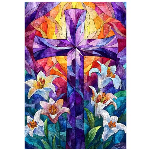 Artinhand Great Jigsaw Puzzles for Adults 300 Pieces Stained Glass Cross Lily Religious Puzzles for Adults Toys Gift Family Decoration Kids Puzzle - Image 1