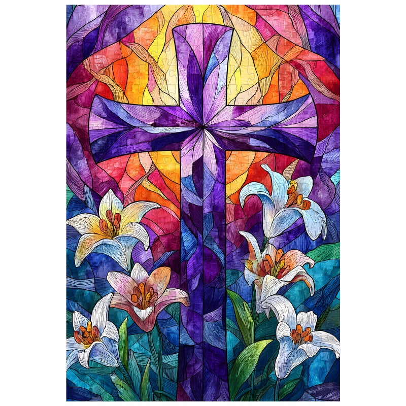 Artinhand Great Jigsaw Puzzles for Adults 300 Pieces Stained Glass Cross Lily Religious Puzzles for Adults Toys Gift Family Decoration Kids Puzzle - Image 3