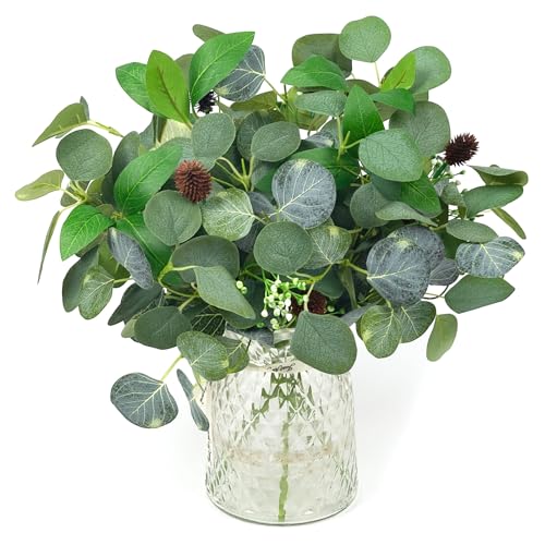 YUGALI Artificial Eucalyptus Stems for Vase Indoor, Faux Greenery Bush Bouquet with White Berry Pinecone Accents, 16" Tall Set of 4, Fake Plants Arrangements Home Décor - Image 2