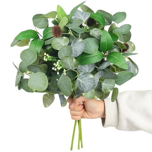 YUGALI Artificial Eucalyptus Stems for Vase Indoor, Faux Greenery Bush Bouquet with White Berry Pinecone Accents, 16" Tall Set of 4, Fake Plants Arrangements Home Décor - Image 1
