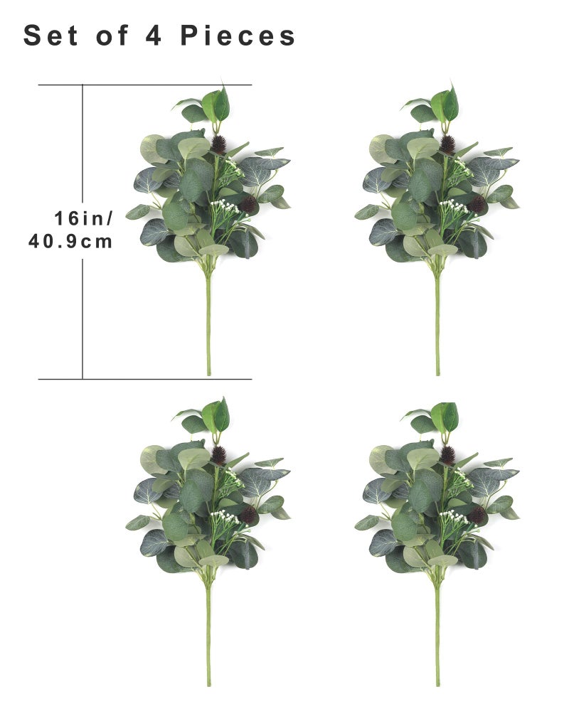 YUGALI Artificial Eucalyptus Stems for Vase Indoor, Faux Greenery Bush Bouquet with White Berry Pinecone Accents, 16" Tall Set of 4, Fake Plants Arrangements Home Décor - Image 3