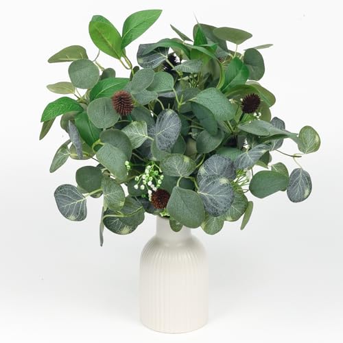 YUGALI Artificial Eucalyptus Stems for Vase Indoor, Faux Greenery Bush Bouquet with White Berry Pinecone Accents, 16" Tall Set of 4, Fake Plants Arrangements Home Décor - Image 4