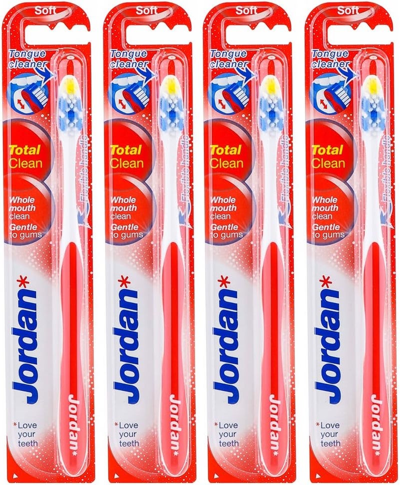 Jordan Total Clean Soft Toothbrush Pack of 4 - Whole Mouth Clean with Tongue Cleaner - Image 1