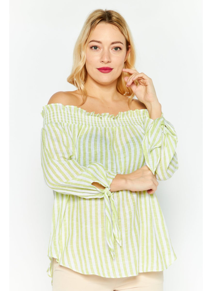 Women Off Shoulder Long Sleeves Stripe Blouse, Green - pzsku/Z58229632F0ED50DD03ABZ/45/_/1727187951/8a645576-c638-41f9-9208-814bad21ab2b