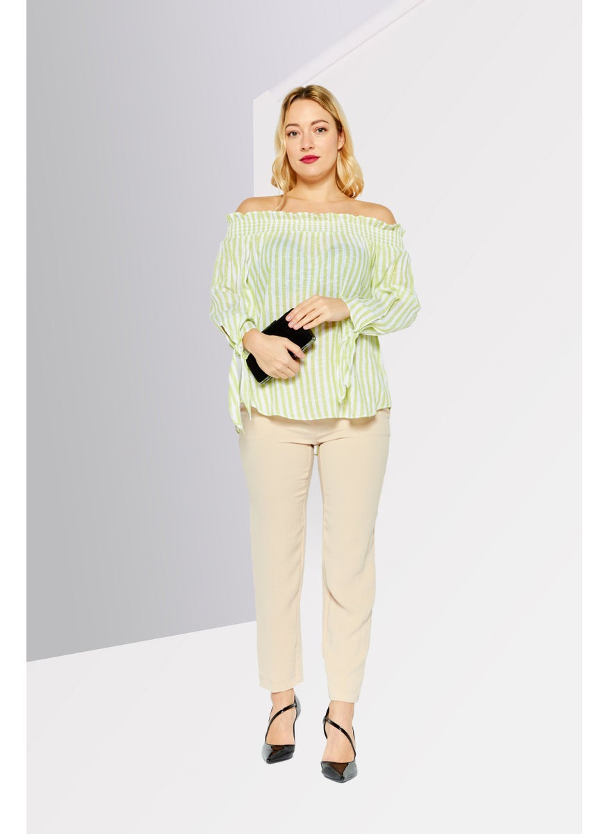 Women Off Shoulder Long Sleeves Stripe Blouse, Green - pzsku/Z58229632F0ED50DD03ABZ/45/_/1727187952/e4db49f9-638f-41ab-bf64-86c08ce1e6e4