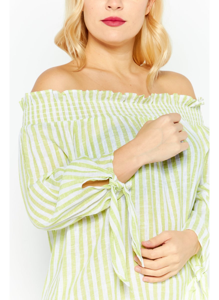 Women Off Shoulder Long Sleeves Stripe Blouse, Green - pzsku/Z58229632F0ED50DD03ABZ/45/_/1727187953/9ceb8117-f2f0-4809-9fb9-196b8462338b