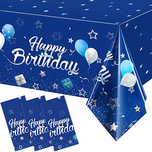 Tegeme Navy Blue Party Supplies Stars Happy Birthday Tablecloths Starry Confetti Table Covers for Kids Boys Girls Baby Shower Birthday Party Decorations(Navy Blue and Silver,3 Pack) - Image 1