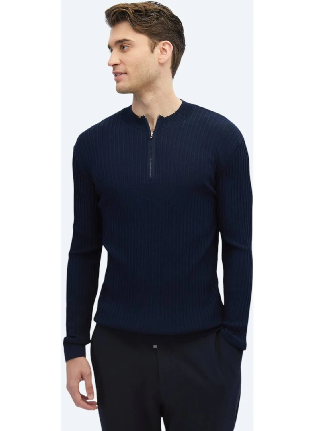 Kip Navy Blue Half Turtleneck Patterned Sweater