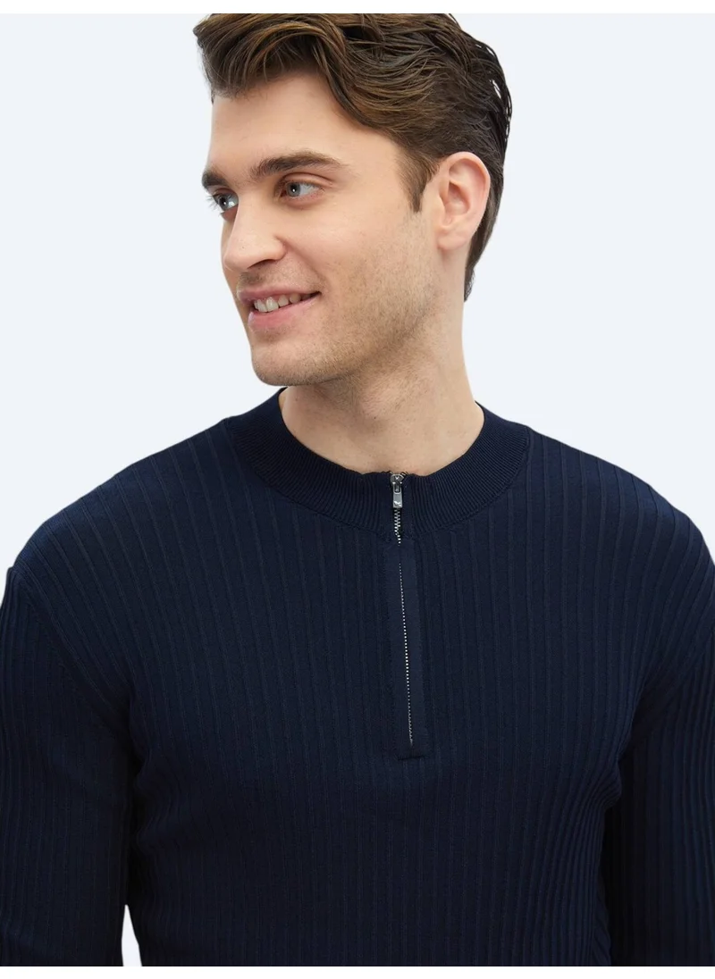 Kip Navy Blue Half Turtleneck Patterned Sweater