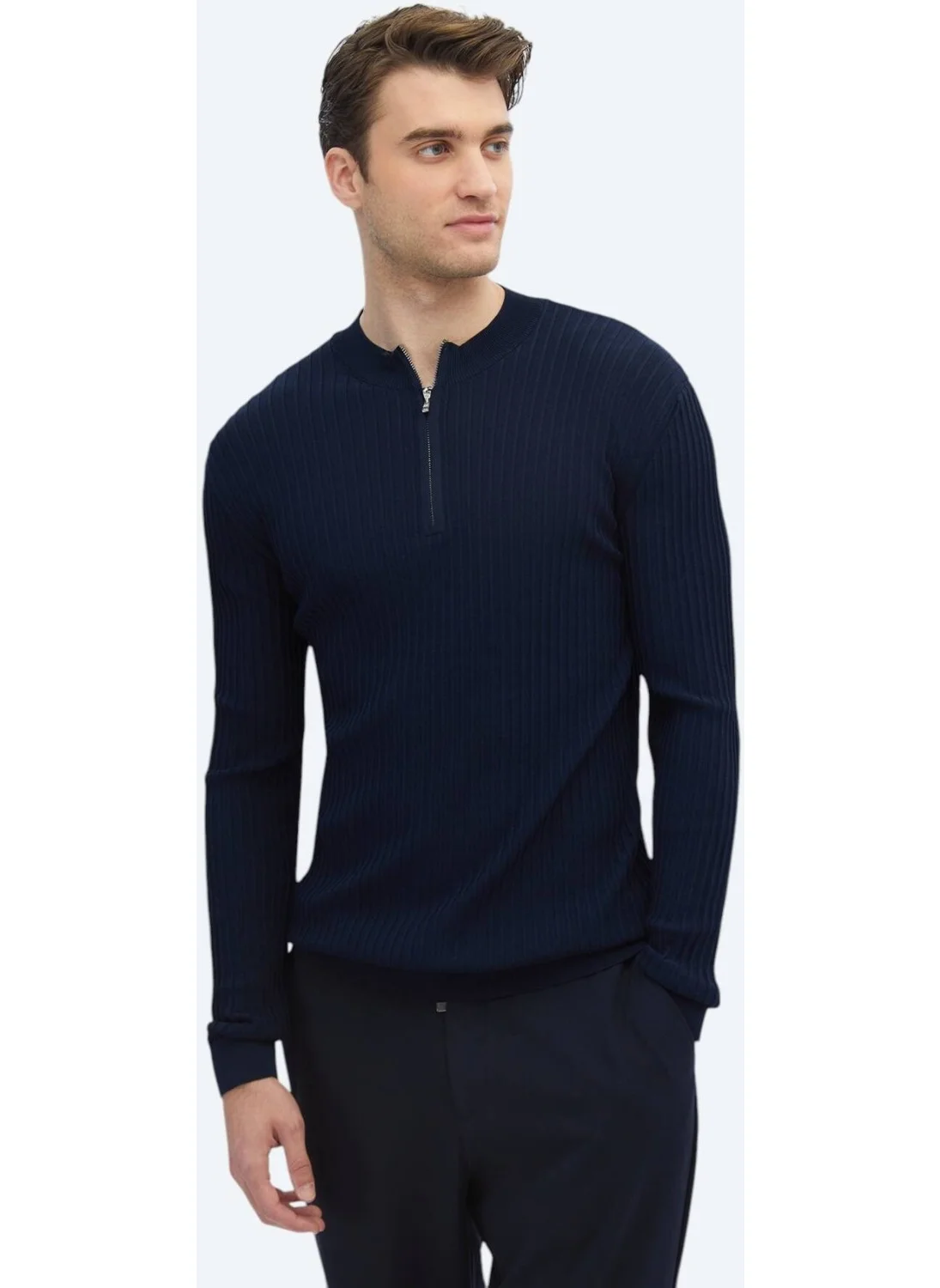 Kip Navy Blue Half Turtleneck Patterned Sweater