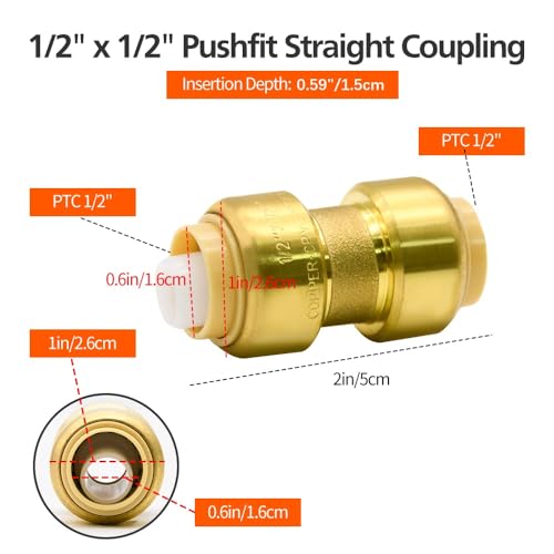 Ruby Q 12 Pack 1/2” Push-to-Connect Plumbing Fittings, Pushfit Straight Coupling Plumbing Fittings with Disconnect Clip for Copper, PEX, CPVC Pipe - Image 2