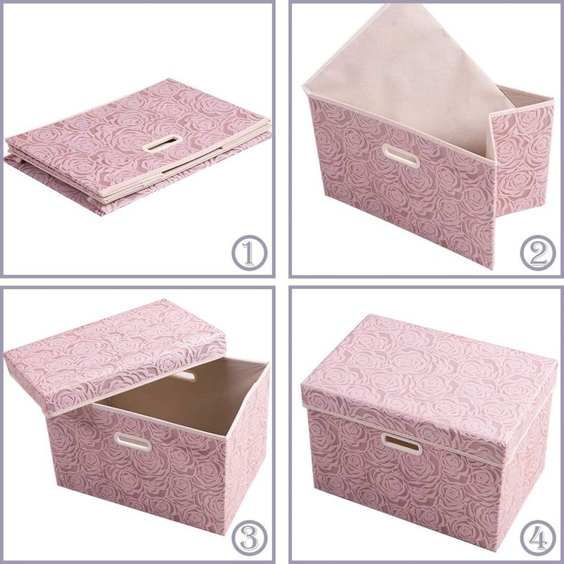 PRANDOM Larger Foldable Storage Boxes with Lid,Rose Pattern Fabric Decorative Storage Box,Cubes Organizers,Baskets with Handles,For Bedroom,Closet, Living Room,Pink,45x30x30cm[3-Pack] - Image 5