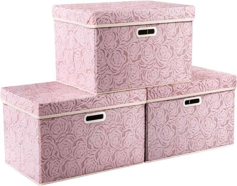 PRANDOM Larger Foldable Storage Boxes with Lid,Rose Pattern Fabric Decorative Storage Box,Cubes Organizers,Baskets with Handles,For Bedroom,Closet, Living Room,Pink,45x30x30cm[3-Pack] - Image 1