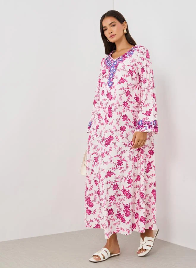 Take Two Take Two Floral Print Embroidered Long Sleeve Jalabiya