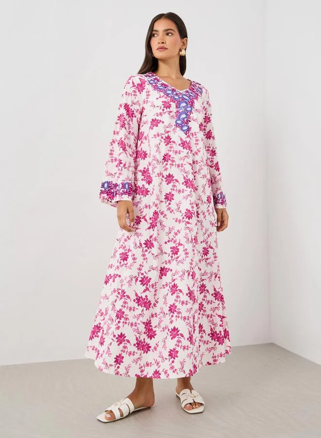 Take Two Take Two Floral Print Embroidered Long Sleeve Jalabiya