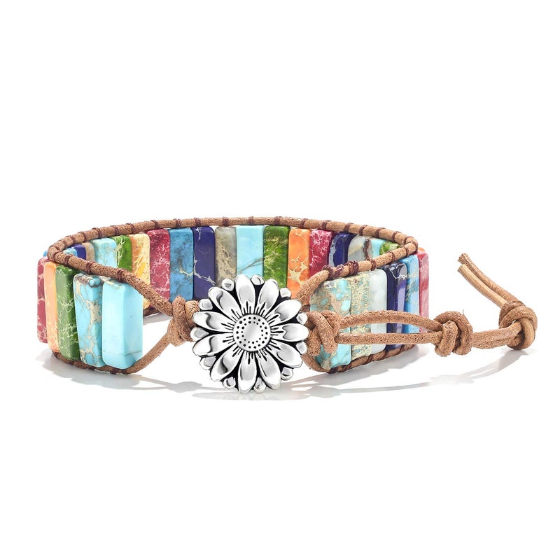 sedmart Fashion Gemstone Handmade Jewelry Multicolor Yoga Friendship Boho Leather Rectangle Stone Healing Sunflower Button Wrap Bracelet - Image 1