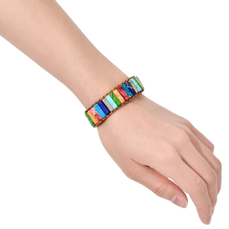 sedmart Fashion Gemstone Handmade Jewelry Multicolor Yoga Friendship Boho Leather Rectangle Stone Healing Sunflower Button Wrap Bracelet - Image 3