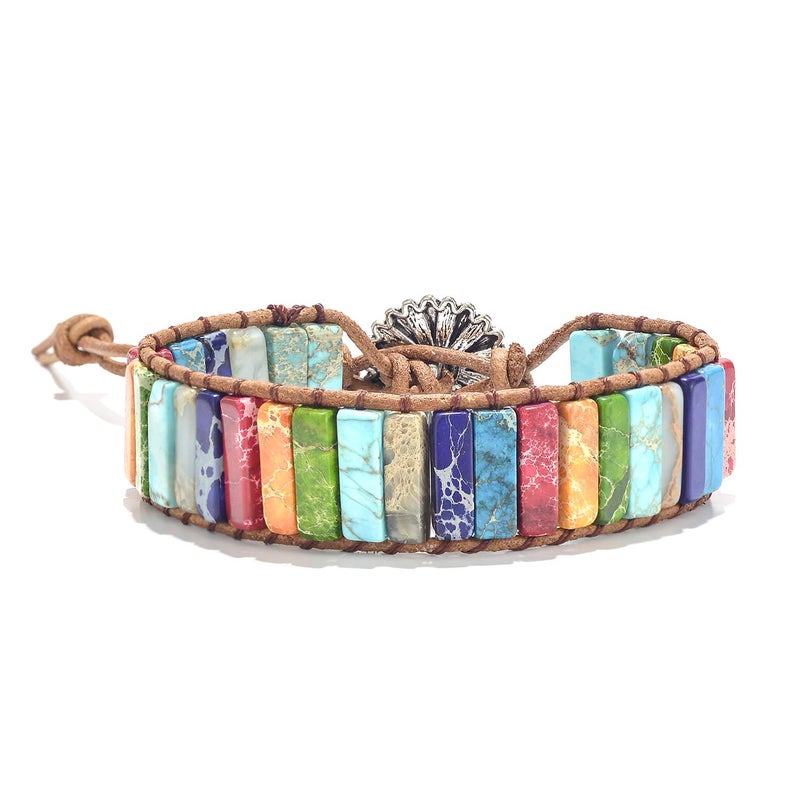 sedmart Fashion Gemstone Handmade Jewelry Multicolor Yoga Friendship Boho Leather Rectangle Stone Healing Sunflower Button Wrap Bracelet - Image 2