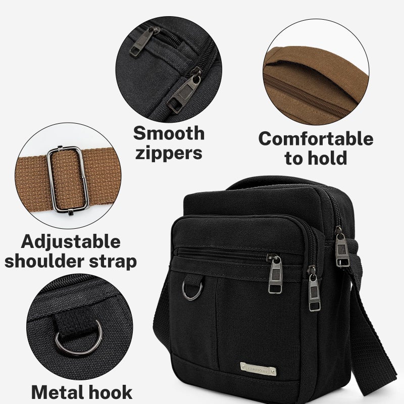 WisePoint Mens Crossbody Bag, Canvas Messenger Bag for Men, Vintage Shoulder Bag with Adjustable Strap and Handle (black) - Image 4