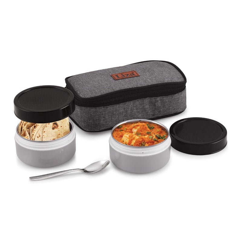 Liza Liza Thermo Steel Insulated Stainless Steel Tiffin with Hot PU Pouch | Food-Grade | Leak-Proof | Includes Free Spoon | Ideal for Office, College and Compact Meals,290ml Each (Grey)  - Image 1