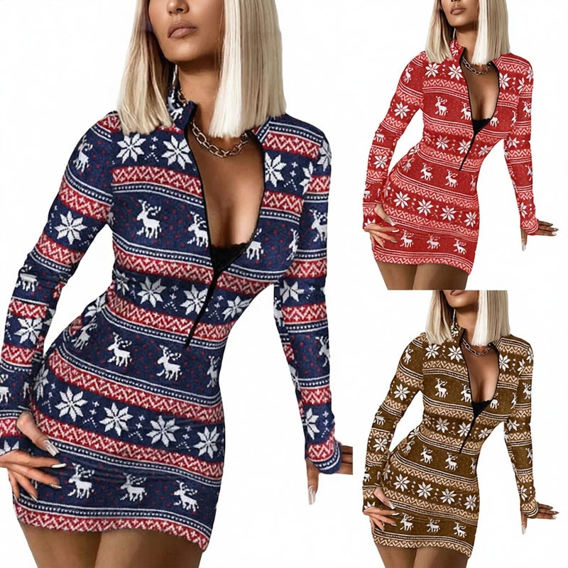 فستان نسائي بأكمام طويلة وسحاب، مطبوع بتصميم عيد الميلاد - Image 1