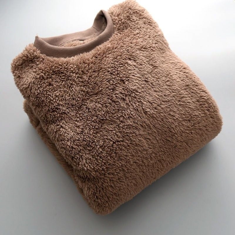 Double-Sided Coral Velvet Sweatshirt Mens Autumn and Winter New Retro Round Neck Pullover Warm Bottoming Shirt Top Jacket Brown [velvet and thickened]