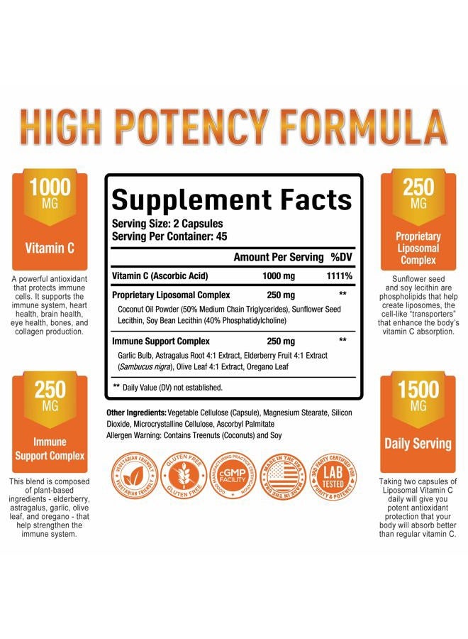 Purely Optimal Premium Liposomal Vitamin C Supplement - High Absorption, Fat Soluble Ascorbic Acid Vitamin C 1000mg for Immune Support - Collagen & Immune System Booster, Non-GMO, 90 Capsules - Image 2