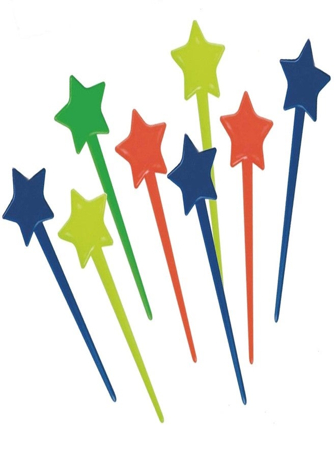 كوميكفس مجموعة كوميكفس من 250 قطعة من أعواد الأسنان البلاستيكية على شكل نجمة للمقبلات، أعواد كوكتيل على شكل شوكة فواكه بطول 3.5 بوصة للاستخدام مرة واحدة، أعواد كوكتيل للمشروبات، أعواد كوكتيل بلاستيكية متعددة الألوان على شكل نجمة -19 - Image 1