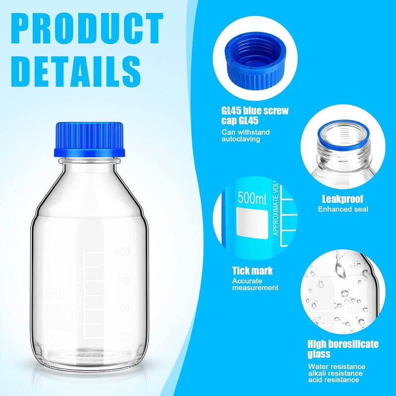 Irenare 8 Pieces Media Storage Bottles Borosilicate Storage Glass Scientific Round Graduated Media Bottle with Blue Gl45 Screw Cap for Lab Water Reagent Liquids(500 ml) - Image 3