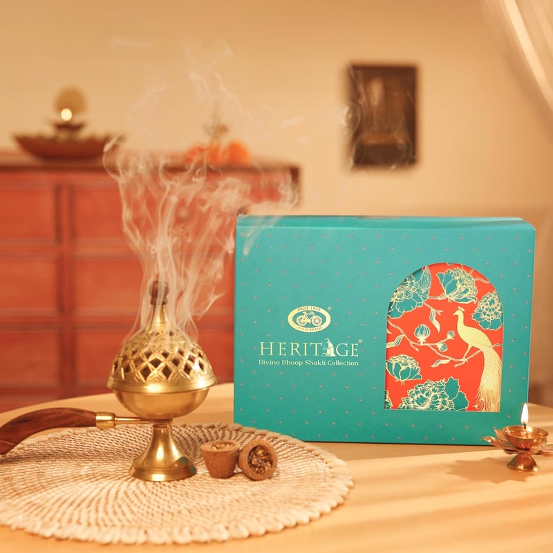 CYCLE حامل سامبراني من النحاس الأصفر الخالص مع 12 كوب دهوب مستمد من زهور المعابد موقد دهوى فاخر مع مقبض مجموعة شاكتي الإلهية التراثية لمهرجانات ديوالي - Image 1