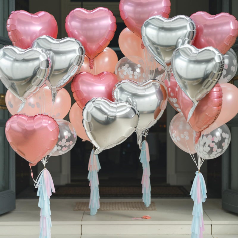 Vibzox Pink Silver Heart Balloons, 18 Inch Pearl Pink and Silver Heart Shape Balloons, 12PCS Helium Love Foil Balloon for Birthday Baby Shower Engagement Wedding Party Decorations - Image 4