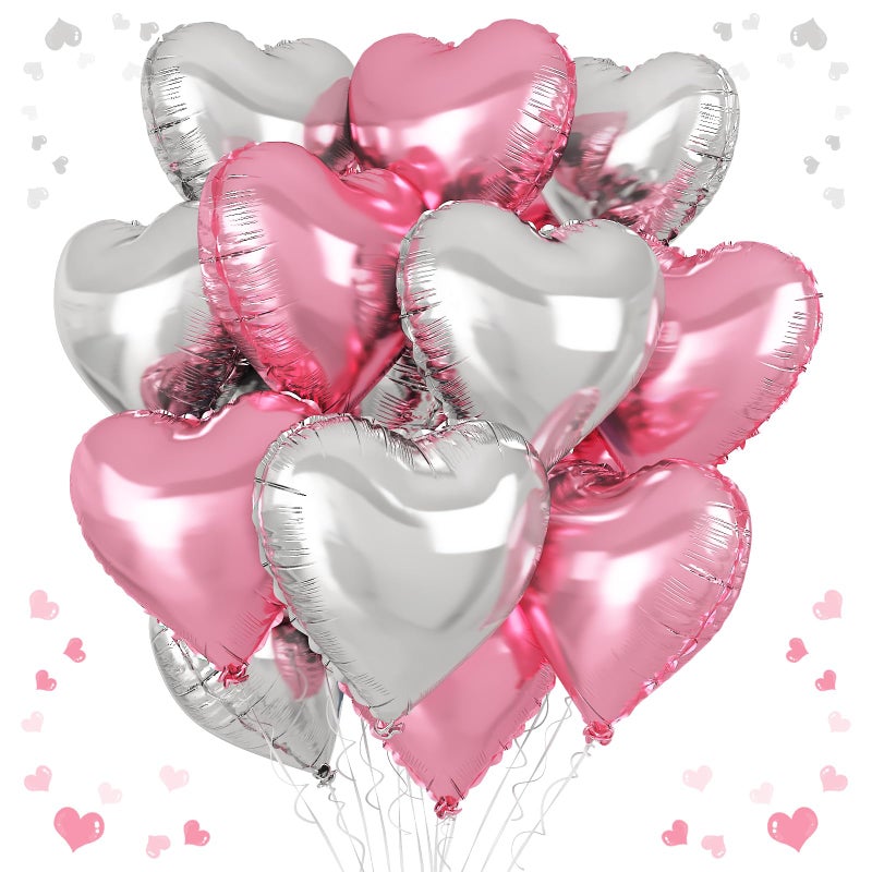 Vibzox Pink Silver Heart Balloons, 18 Inch Pearl Pink and Silver Heart Shape Balloons, 12PCS Helium Love Foil Balloon for Birthday Baby Shower Engagement Wedding Party Decorations - Image 1