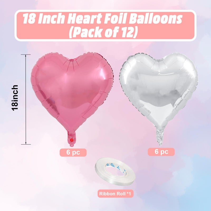 Vibzox Pink Silver Heart Balloons, 18 Inch Pearl Pink and Silver Heart Shape Balloons, 12PCS Helium Love Foil Balloon for Birthday Baby Shower Engagement Wedding Party Decorations - Image 2