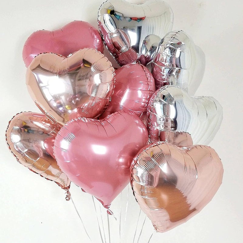 Vibzox Pink Silver Heart Balloons, 18 Inch Pearl Pink and Silver Heart Shape Balloons, 12PCS Helium Love Foil Balloon for Birthday Baby Shower Engagement Wedding Party Decorations - Image 5