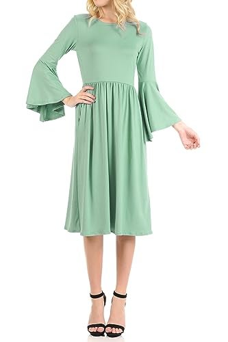 iconic luxe Women's Fit and Flare Dress with Dramatic Bell Sleeve Large Sage - Image 1