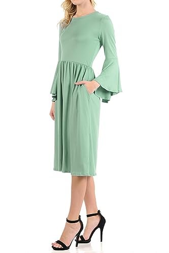 iconic luxe Women's Fit and Flare Dress with Dramatic Bell Sleeve Large Sage - Image 2