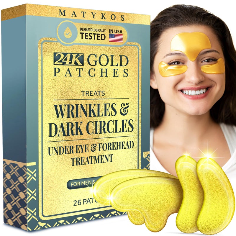 Matykos Forehead and Under Eye Wrinkle Patches for Face  Collagen Hyaluronic Acid and Vitamin A Skin Pads  Forehead Line Remover Wrinkle Eye Patch Set  26 Golden Sachets